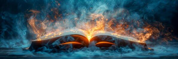 Enchanted Book Bursting with Magic Flames and Smoke photo