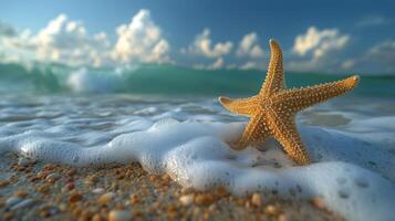 estrella de mar en arenoso playa por Oceano foto