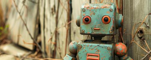 Clásico robot juguete contemplando en un descuidado jardín foto