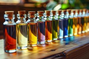 Colorful Array of Essential Oil Bottles in Sunligh photo