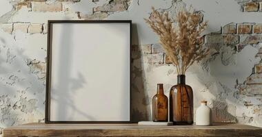 Picture Frame on Shelf Next to Bottles photo