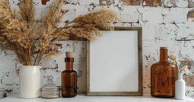 Picture Frame on Shelf Next to Bottles photo