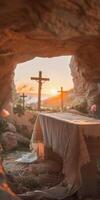 amanecer a un rústico Pascua de Resurrección ajuste con cruces y floraciones foto