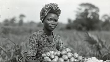 Woman Sitting in Field Holding Basket of Onions photo