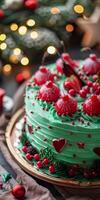 Festive Christmas Cake with Glazed Cherries and Holiday Decor photo