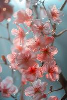 suave rosado Cereza flores empapado en iluminado por el sol gotas de lluvia foto