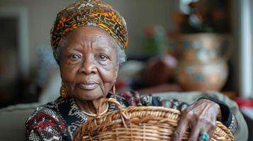 Joyful Old Woman Holding Basket photo