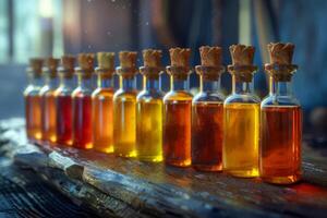 Artisanal Bottles of Honey with a Golden Hue Lined Up in a Row photo