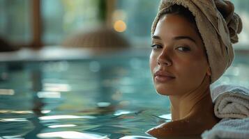 Woman Drying Hair With Towel in Pool photo