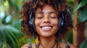 Woman Wearing Headphones Smiling at Camera photo