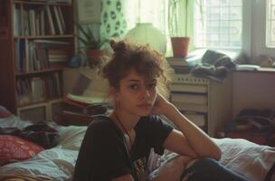 Pensive Young Woman in a Sunlit Cluttered Bedroom photo