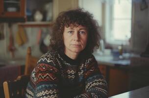 Pensive Woman with Curly Hair Seated in a Kitchen, Quiet Reflection photo