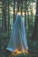 Mysterious Figure Shrouded in a Ghostly Veil in Twilight Woods photo