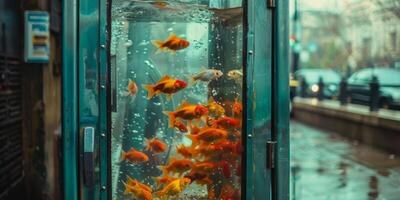 Goldfish Swimming in a Transparent Phone Booth Aquarium photo