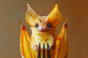 Exotic Yellow Bat Clinging to a Fork with Fruit photo