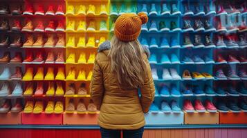 mujer en pie en frente de zapato estante foto