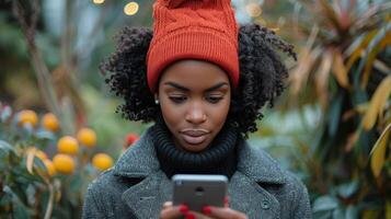 Woman in Red Hat Looking at Cell Phone photo