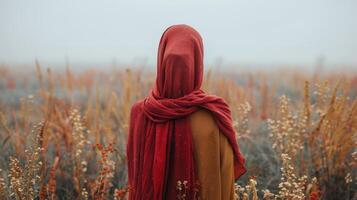 mujer vistiendo rojo bufanda en trigo campo foto