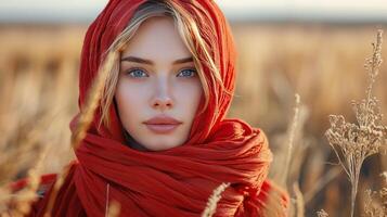 Woman Wearing Red Scarf in Wheat Field photo