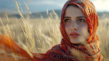 mujer vistiendo rojo bufanda en trigo campo foto