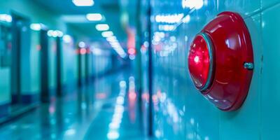 Red Fire Alarm on Glossy Blue Tiled Wall in Corridor photo