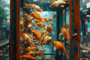 Vibrant Goldfish Swimming in a Public Aquarium Tank photo