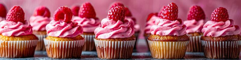 Raspberry Cupcakes with Pink Frosting Arranged in a Row photo