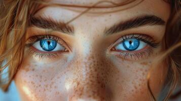 Close Up of a Womans Face With Blue Eyes photo