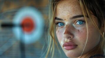 mujer con azul ojos en pie en frente de objetivo foto