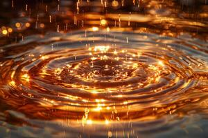 Golden Water Droplets Creating Ripples on a Tranquil Surface photo