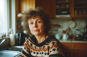 introspectivo mujer en estampado suéter en su acogedor cocina foto