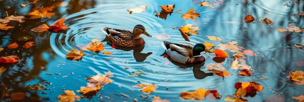 pato real patos deslizamiento en un estanque con otoño hojas foto