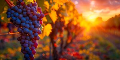 Sunset Over Vineyard with Ripe Grapes Ready for Harvest photo