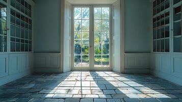 vacío habitación con grande ventanas con vista a lago foto