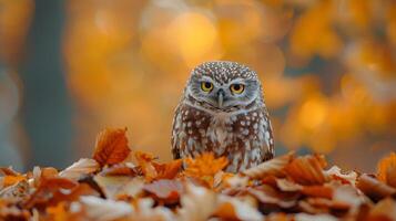 Owl Perched on Pile of Leaves photo