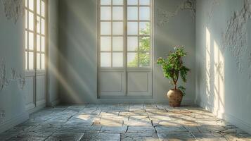 Empty Room With Large Windows Overlooking Lake photo