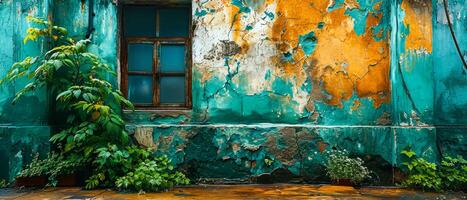 Envejecido turquesa pared con peladura pintar y plantas foto