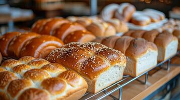 Assorted Breads Displayed on a Rack photo