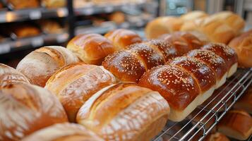 Assorted Breads Displayed on a Rack photo