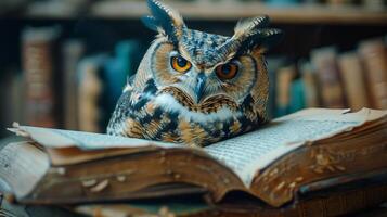 Owl Perched on Open Book photo