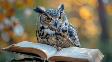 Owl Perched on Open Book photo