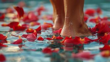 Persons Feet in Water With Petals photo