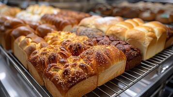 Assorted Breads Displayed on a Rack photo