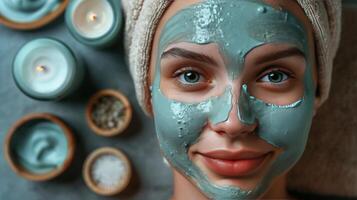 Woman Wearing Towel Head Wrap and Face Mask photo