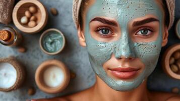 Woman Wearing Towel Head Wrap and Face Mask photo