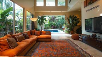 Cozy Living Room With Furniture and Large Windows photo