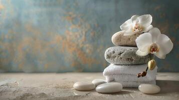 Close Up of Rocks and Flowers on a Table photo