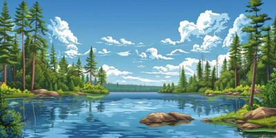 A Painting of a Lake Surrounded by Trees photo