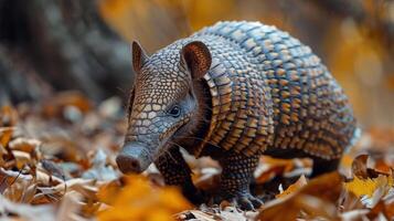 pequeño armadillo caminando mediante pila de hojas foto