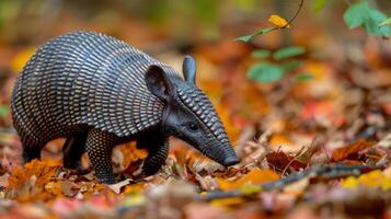 pequeño armadillo caminando mediante pila de hojas foto